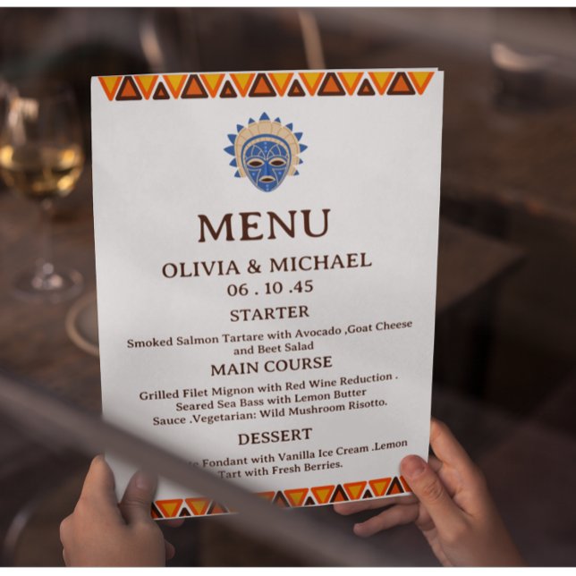 Menu Editable African Tribal Mask Ethnic Wedding  (Créateur téléchargé)