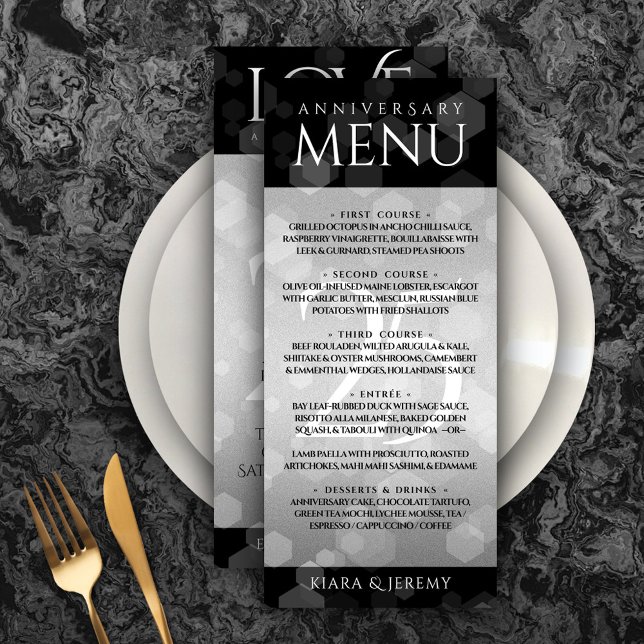 Menu Élégant 25e anniversaire de Mariage d'argent (Elegant 25th Silver Wedding Anniversary Menu Rack Card Cover Photo.)