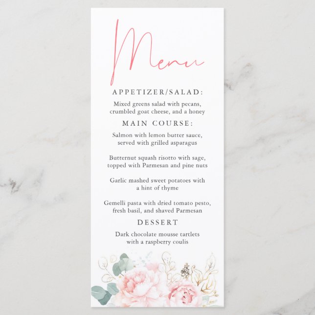 Menu élégant à la florale rose et or (Devant)