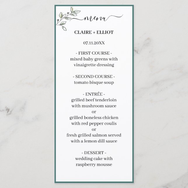 Menu Élégant Appartement moderne Botanique Vert Mariage (Devant)