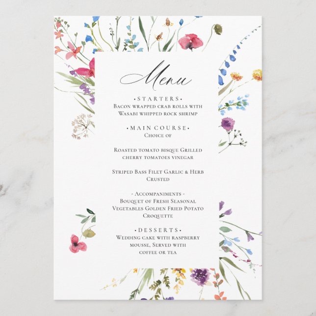 Menu Elégant Aquarelle Fleur sauvage Dîner Mariage (Devant)