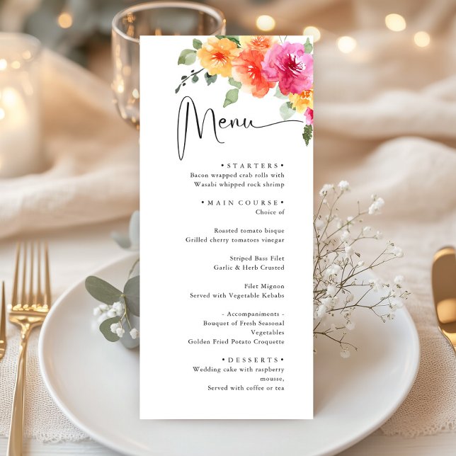 Menu Elégant Aquarelle Fleurs Lumineuses Dîner Mariage (Créateur téléchargé)