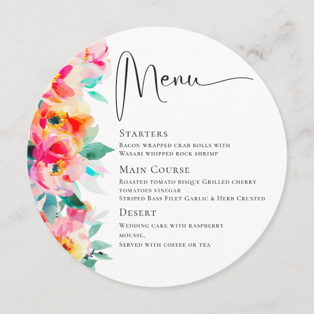 Menu Elégant Aquarelle Fleurs sauvages Dîner Mariage (Devant)