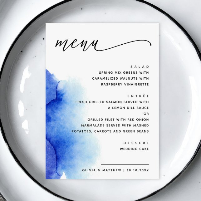 Menu Elégant aquarelle nautique bleu script mariage (Créateur téléchargé)