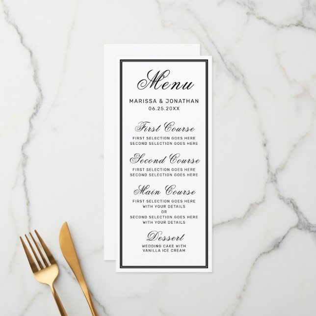 Menu Élégant blanc noir Script Mariage chic (Devant/Arrière en situation)