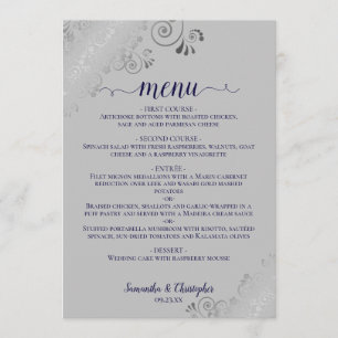 Menu Elégant bleu marine en dentelle d'argent sur Maria