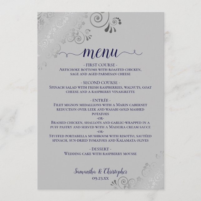 Menu Elégant bleu marine en dentelle d'argent sur Maria (Devant)