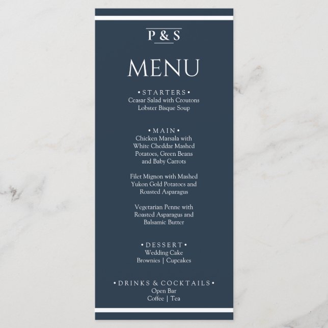 Menu Élégant bleu marine minimaliste Monogramme Mariage (Devant)