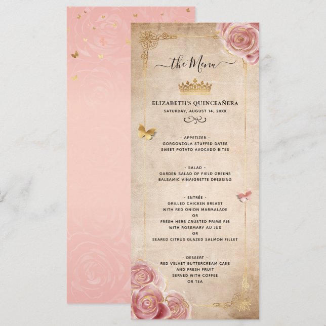 Menu Elégant bleu rose Aquarelle Rose or Floral (Devant / Derrière)