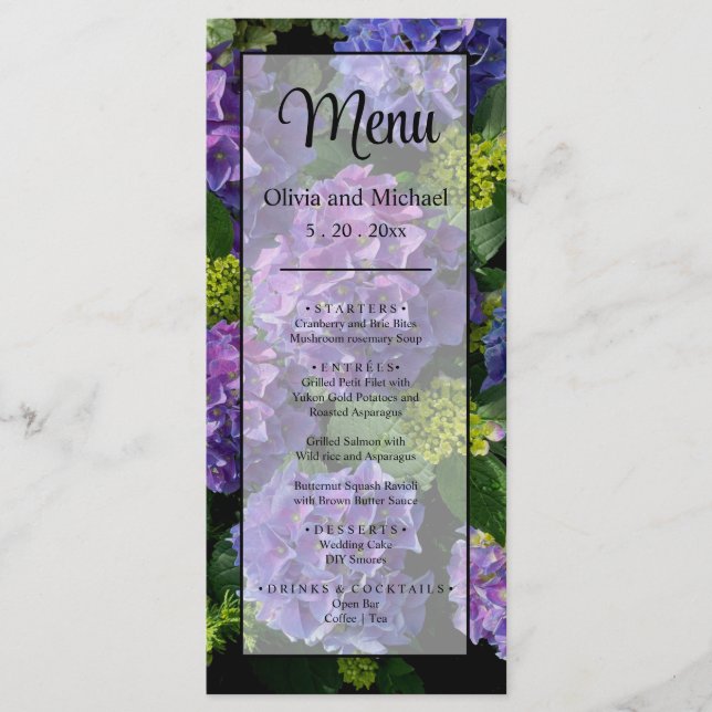 Menu Elégant bleu violet magenta vert hydrangée florale (Devant)
