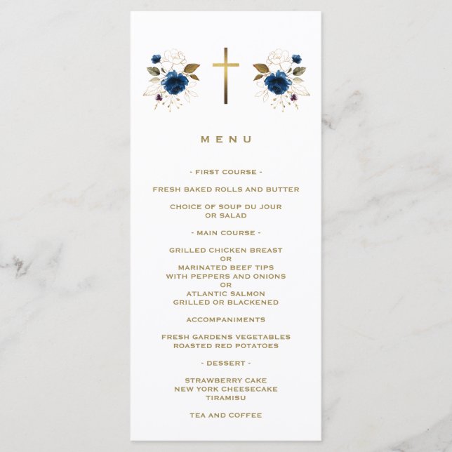 Menu Elégant Blue Flowers Gold Cross Boy Baptême (Devant)