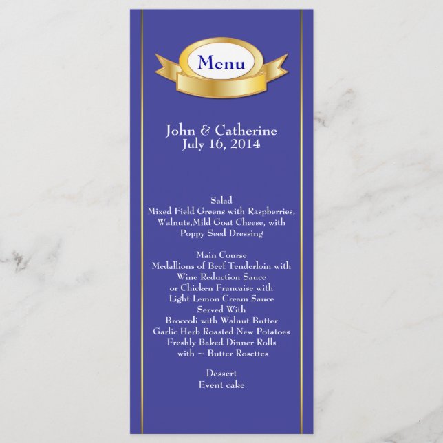 Menu Elegant Blue & Gold Mariage Table (Devant)