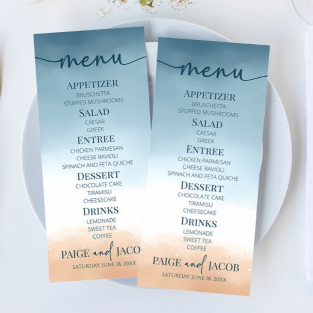 Menu Elégant Blue Ocean Beach Mariage de sable (Créateur téléchargé)