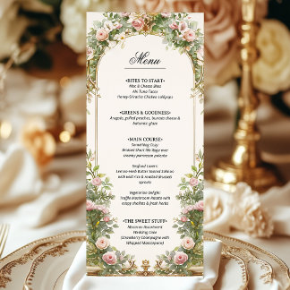 Menu Elégant Blush Gold Floral Arch Vintage Mariage