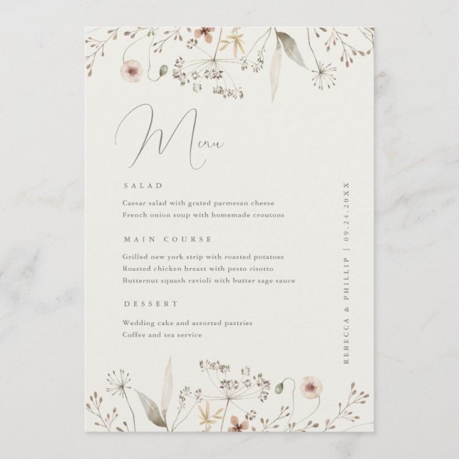 Menu Elegant Boho Fleur sauvage Dîner Mariage (Devant)