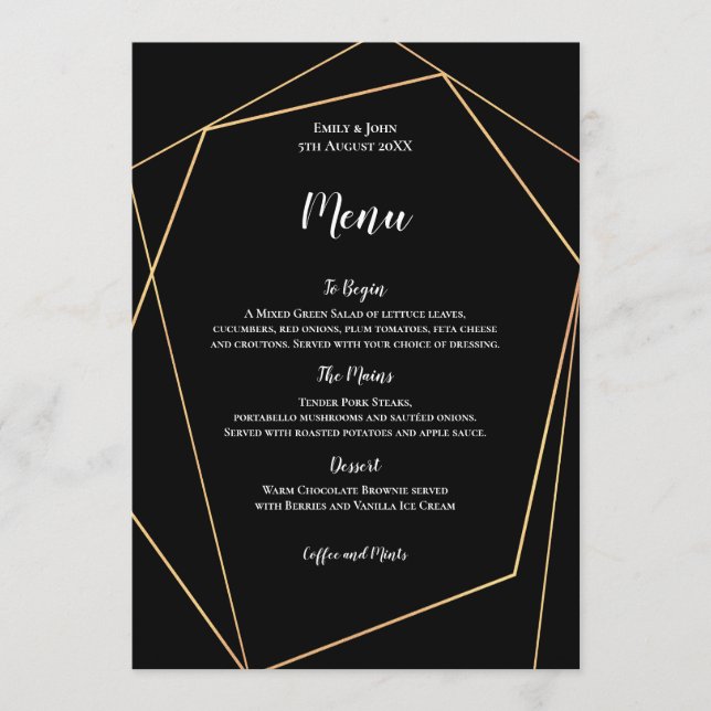 Menu Elégant cadre géométrique simple noir et or (Devant)