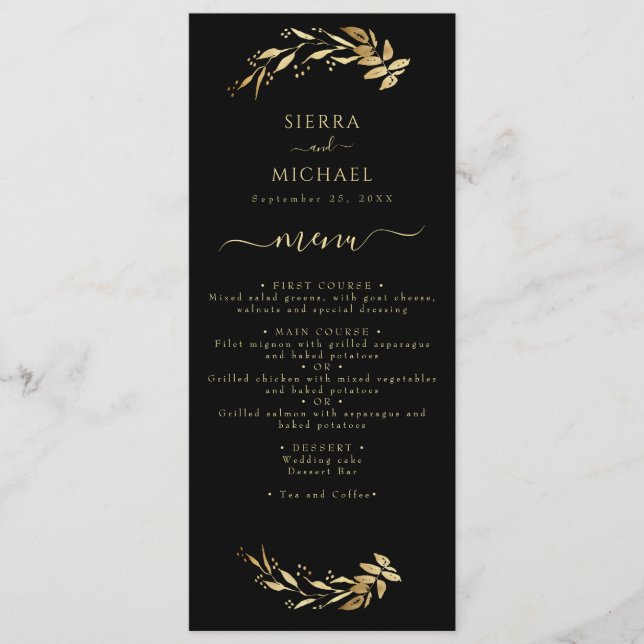 Menu Elégant Chic Black Gold Foliage Réception de maria (Devant)