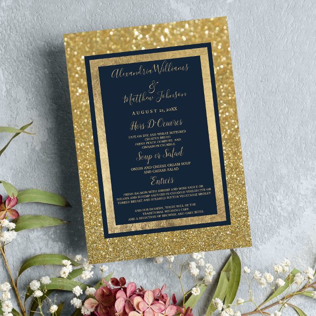 Menu Elegant Chic Navy Blue Gold Parties scintillant Ma (Elegant Chic Navy Blue Gold Glitter Wedding Menu)