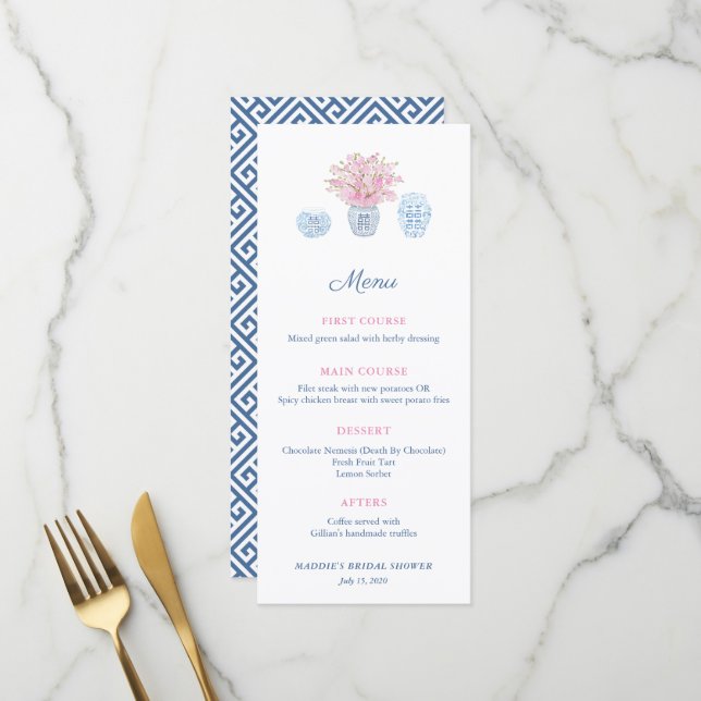 Menu Elegant Chinoiserie Navy & Pink Fête des mariées M (Devant/Arrière en situation)