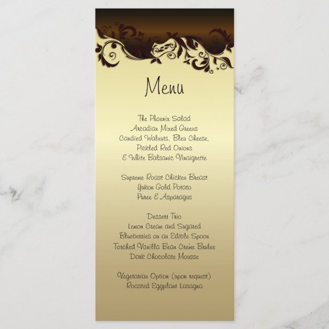 Menu Élégant Chocolat Brown et or Mariage floral (Devant)