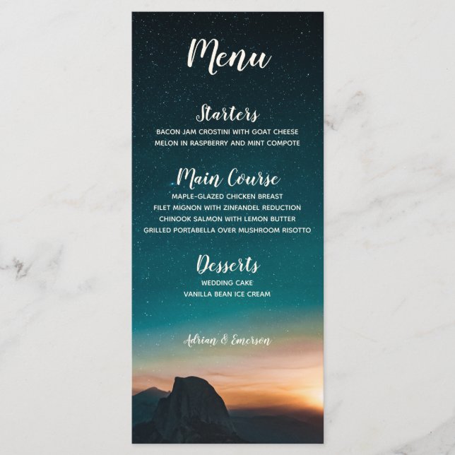 Menu Elégant ciel de nuit Galaxy Mountain Stars Mariage (Devant)