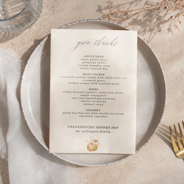 Menu Elégant Citrouille Aquarelle Script Thanksgiving (Créateur téléchargé)
