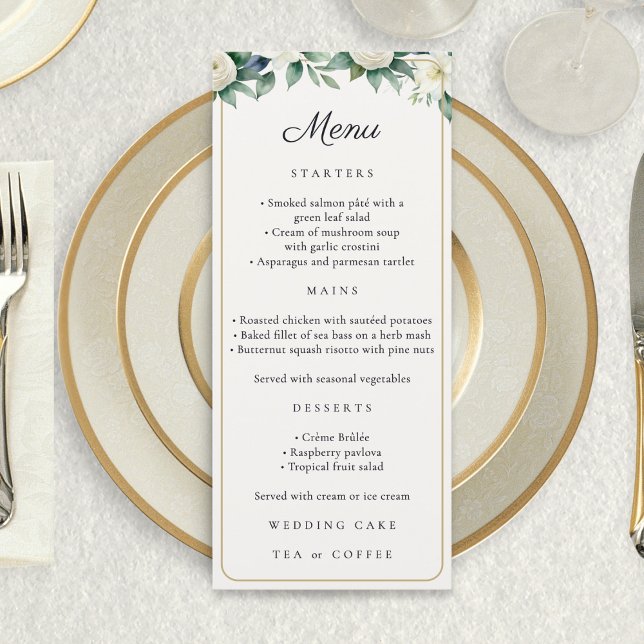 Menu Elegant Classic Floral Botanical Greenery Wedding (A wedding menu card with white flowers, greenery, faux gold border, script title and custom text)