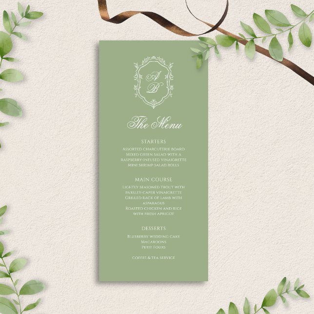 Menu Elegant Classic Sage Green Monogram Crest Wedding (Créateur téléchargé)