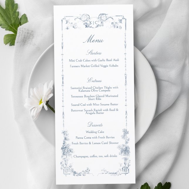 Menu Élégant classique Dusty Bleu Français Floral (Créateur téléchargé)