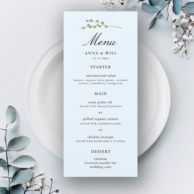 Menu Elégant classique moderne glace bleu hiver mariage (ice blue winter wedding menu gold botanical elegant modern classic simple romantic classy feminine)