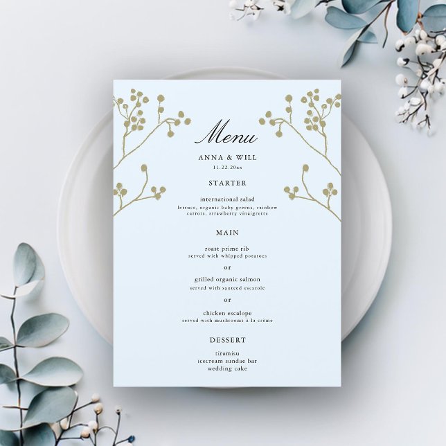 Menu Elégant classique moderne glace Mariage d'hiver Gr (winter wedding large menu ice blue gold botanical berries elegant modern classic simple feminine)