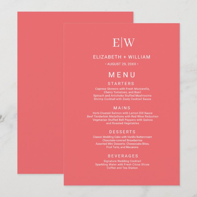 Menu Elégant corail simple couché de soleil avec Mariag (Devant / Derrière)