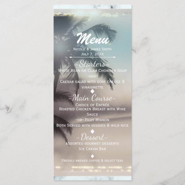 Menu élégant de fête tropicale de plage avec palmi (Devant)