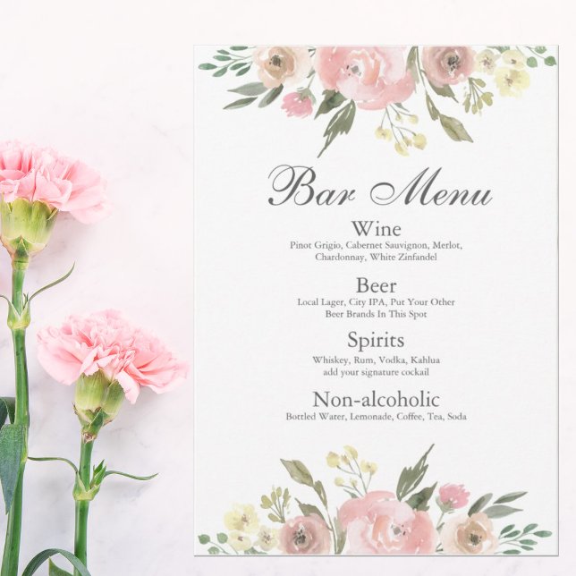 Menu élégant des boissons de mariage floral rose b (Créateur téléchargé)