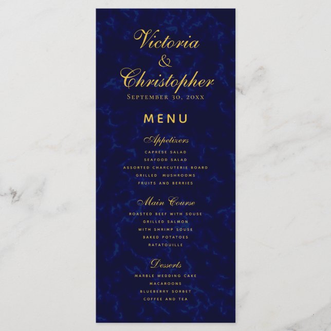 Menu Élégant dîner Mariage bleu marine moderne (Devant)