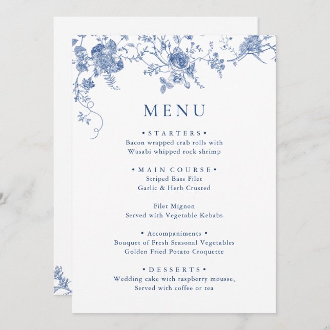Menu Élégant dîner Mariage bleu victorien Floral (Devant / Derrière)