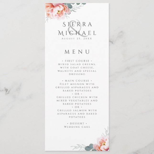 Menu Élégant dîner Mariage Blush Pink Floral Peony (Devant)