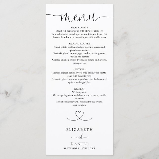 Menu Élégant dîner Mariage de Script Coeur (Devant)