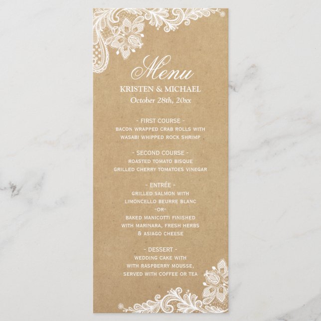 Menu Elégant Dîner Mariage en dentelle blanche Kraft Me (Devant)