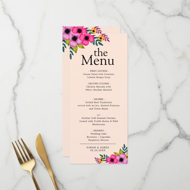Menu Élégant Dîner Rustique Floral Rose-Blanc Moderne (Devant/Arrière en situation)