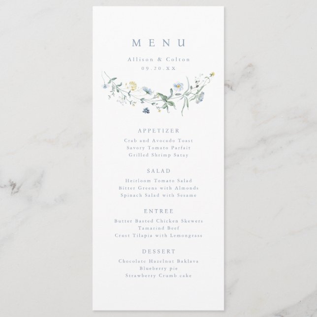 Menu Elégant Dusty Blue Fleur sauvage Rustic Boho Maria (Devant)
