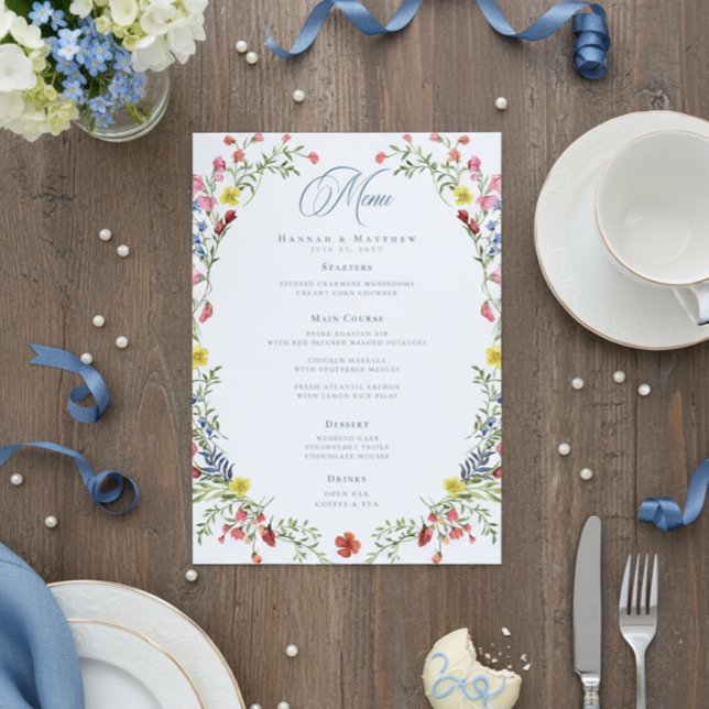 Menu Elegant Dusty Blue Pastel Wildflower Crest Wedding (Créateur téléchargé)