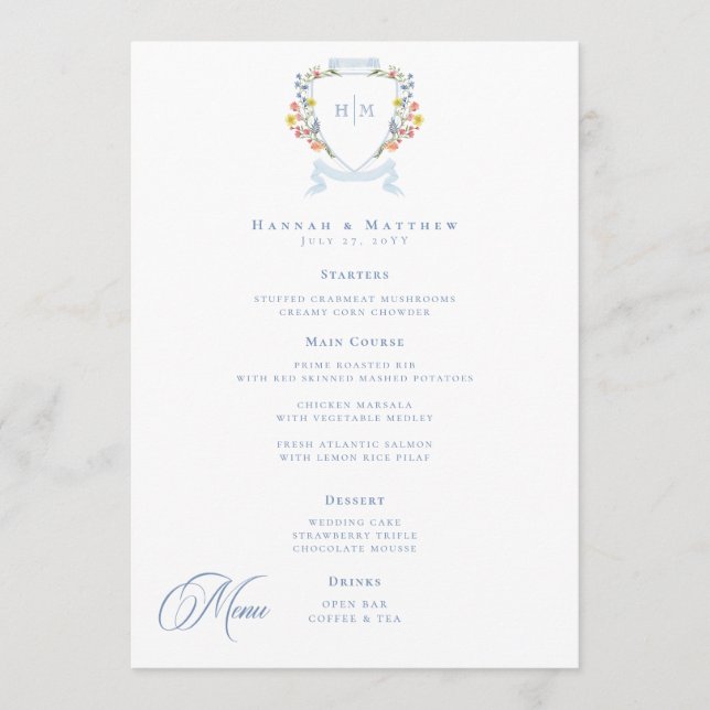 Menu Elegant Dusty Blue Pastel Wildflower Crest Wedding (Devant)
