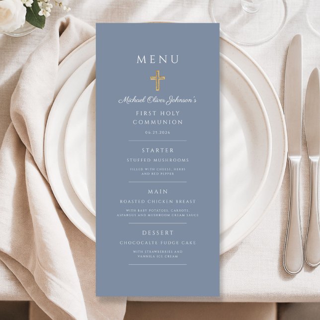 Menu Elegant Dusty Blue Religious Cross First Communion (Elegant Dusty Blue Religious Cross First Communion Menu)
