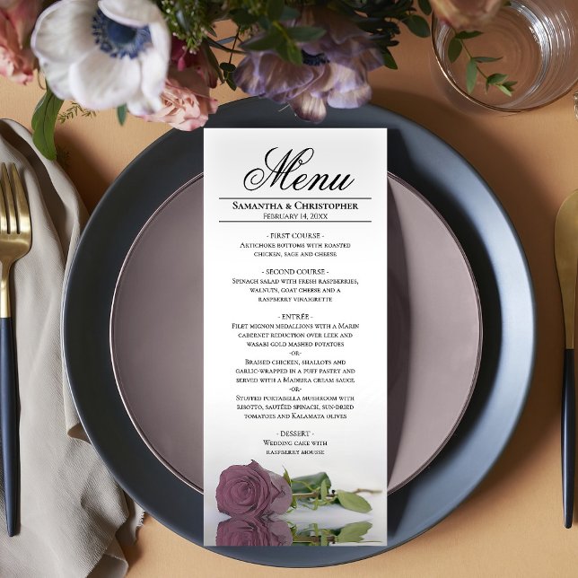 Menu Elégant Dusty Mauve Rose Rose Réflexions Mariage (In Situ on Plate)