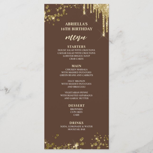 Menu élégant et amusant marron et or (Devant)