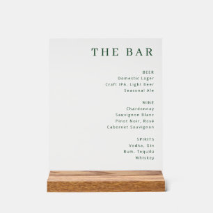 Menu élégant et minimaliste du bar vert