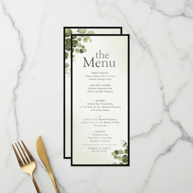 Menu Elégant Eucalyptus Feuille Rustique dîner budget (Devant/Arrière en situation)