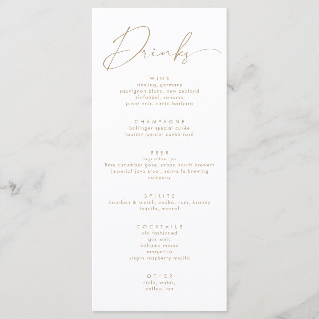 Menu Elégant Faux Gold Script Calligraphie Boissons Men (Devant)