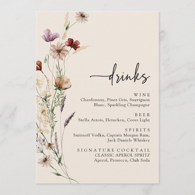 Menu Élégant Fleur sauvage Boissons Mariage (Devant)